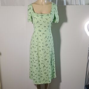 Leith green Floral Square Neck Country Midi Dress Size L